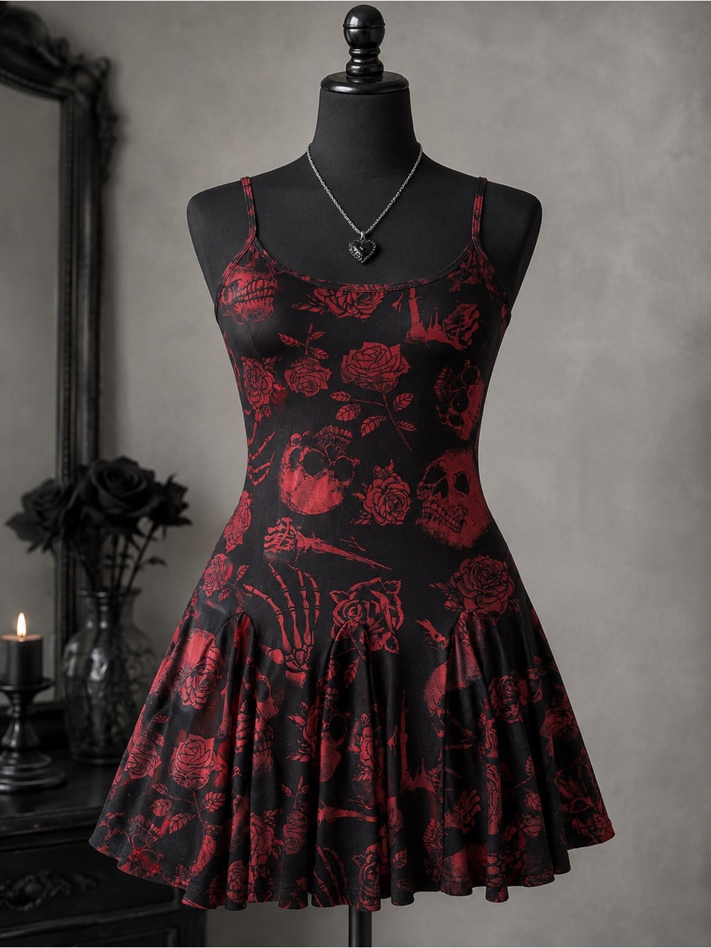 Red & Black Floral Skull Fit-and-Flare Dress